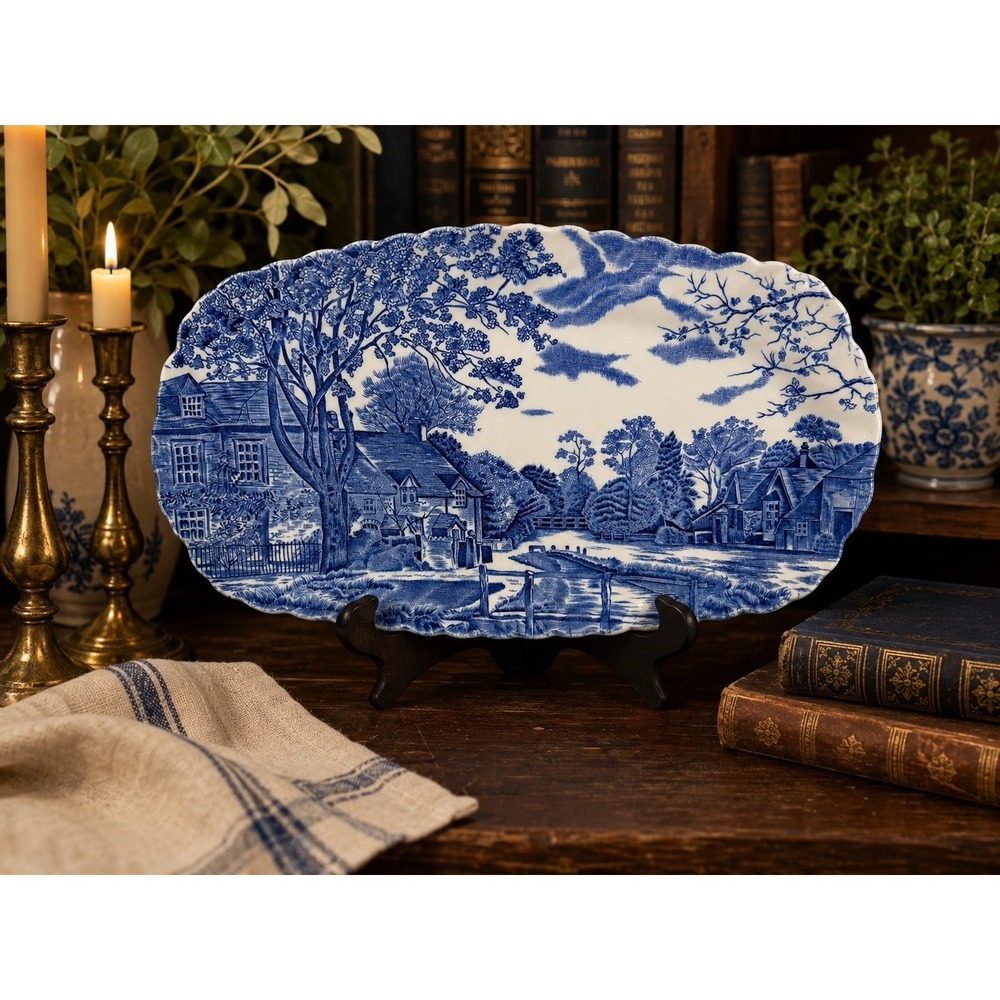 Johnson Brothers Blue And White  English Village 13" Platter Rectangular